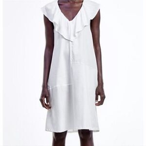 Zara White Linen Blend Ruffle Collar V-neck Sleeveless Dress M